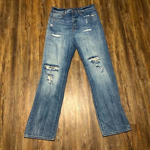 7 For All Mankind Jeans Women's 28 Easy Straight Leg Button Fly Distressed Denim - Picture 1 of 9